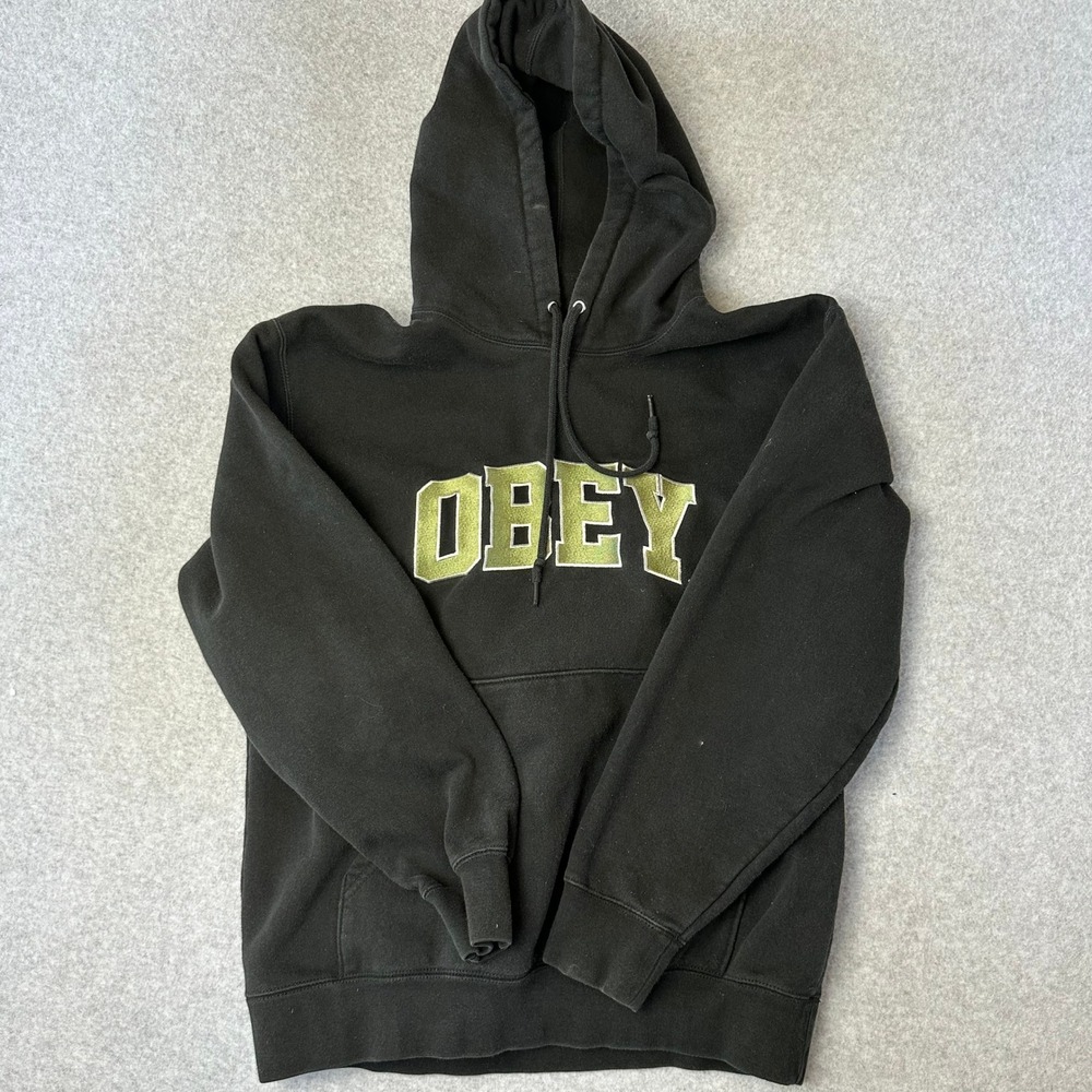 Obey Hoodie Mens‎ Black Pullover Embroidered Logo Sweatshirt Streetwear Regular